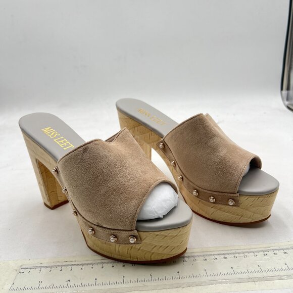 miss left Light Coffee Platform Chunky High Heel Mules Open Toe Studded Sandals - Picture 4 of 8